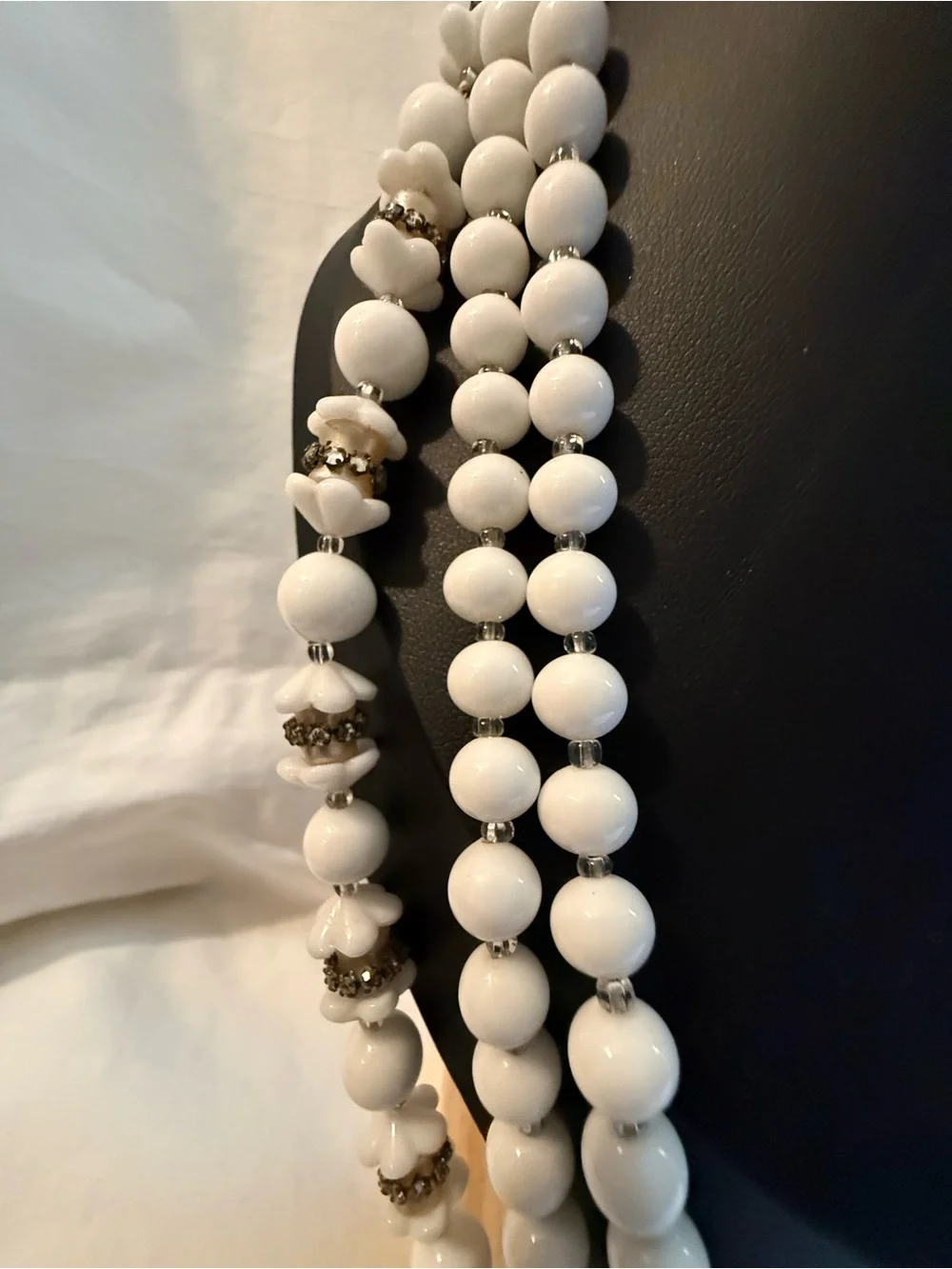 Miriam Haskell White Beaded Multi-Strand Necklace with Rhinestone Spacers